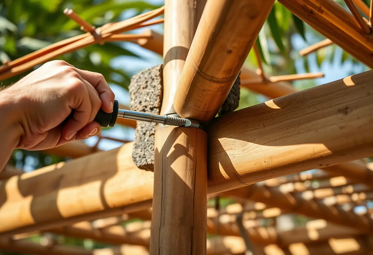Main serrant un boulon pour fixer une pergola en bambou, texte alternatif en français