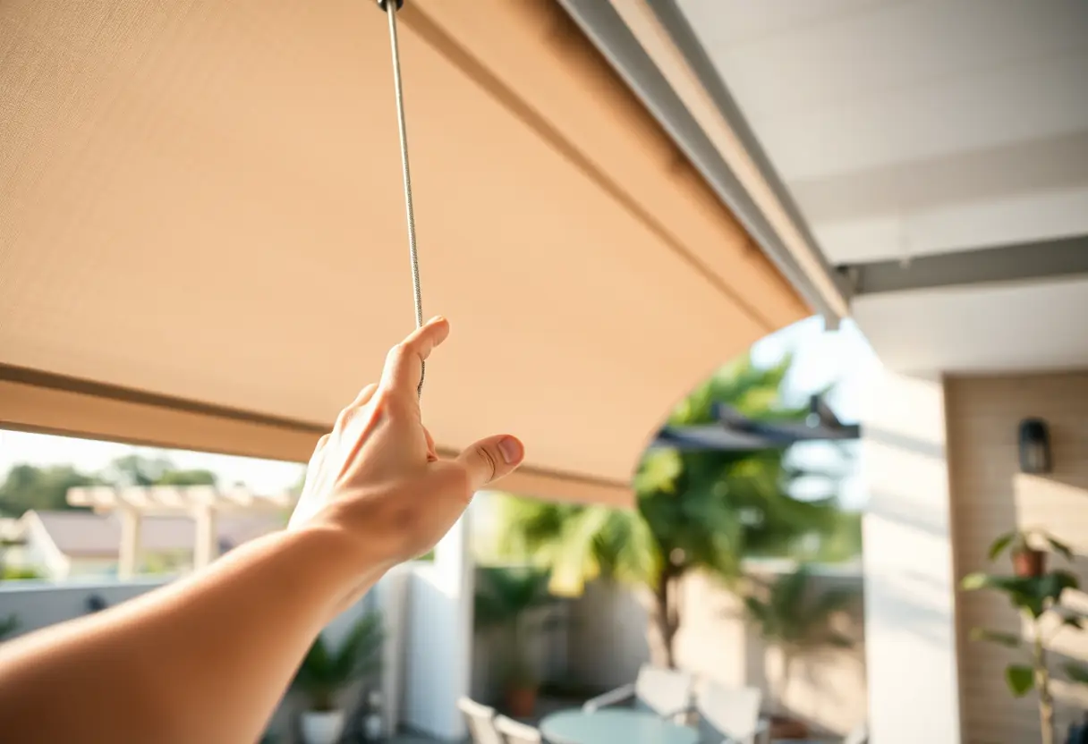 Main actionnant un store automatique sur une terrasse