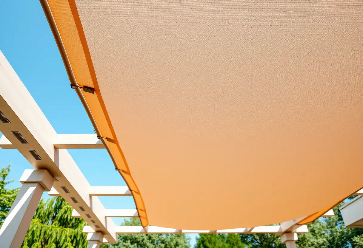 Vue aérienne d'une pergola bioclimatique avec son auvent partiellement ouvert, révélant son système de clips