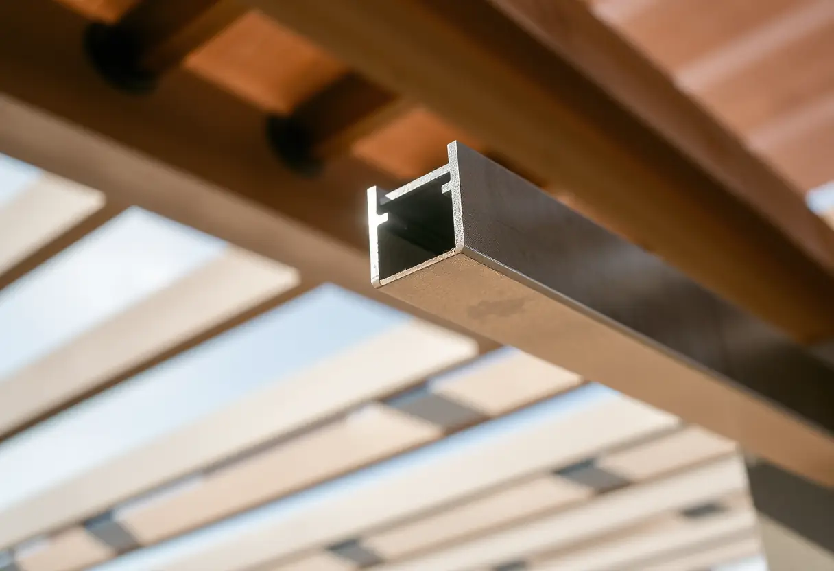 Profil métallique réfléchissant la lumière solaire, partie de la structure de la pergola bioclimatique