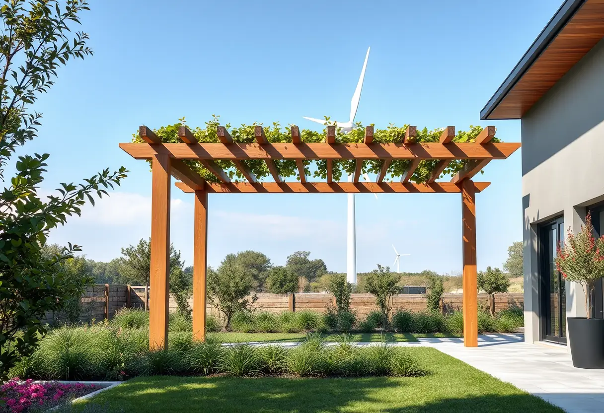 Pergola intégrée dans un jardin moderne avec une éolienne en arrière-plan