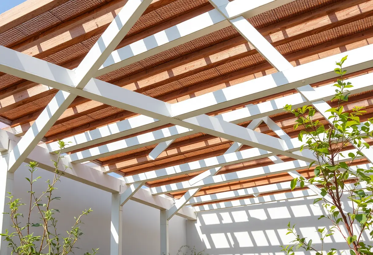 Des traverses en aluminium forment la structure d'une pergola bioclimatique