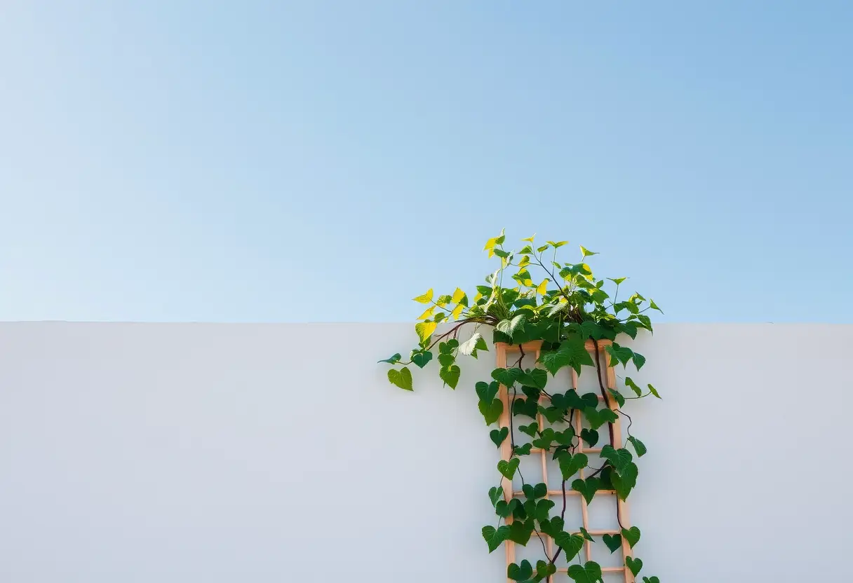 Structure en bois soutenant une plante grimpante contre un mur blanc
