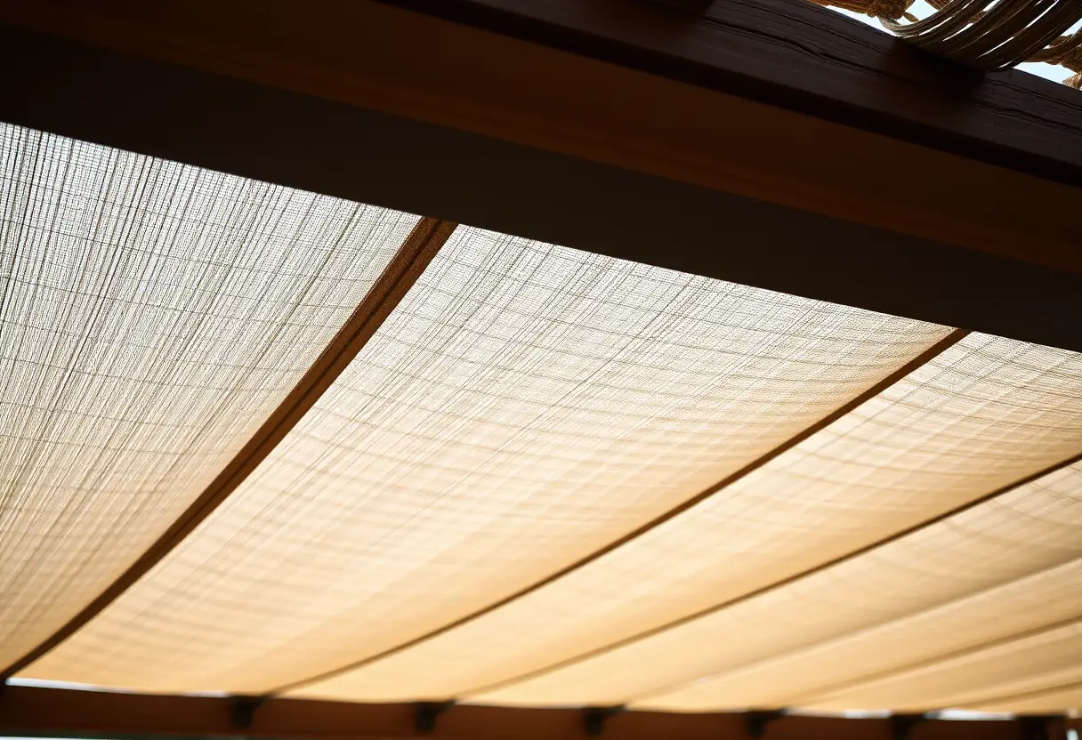 Tissu écologique tendu sur une pergola bioclimatique